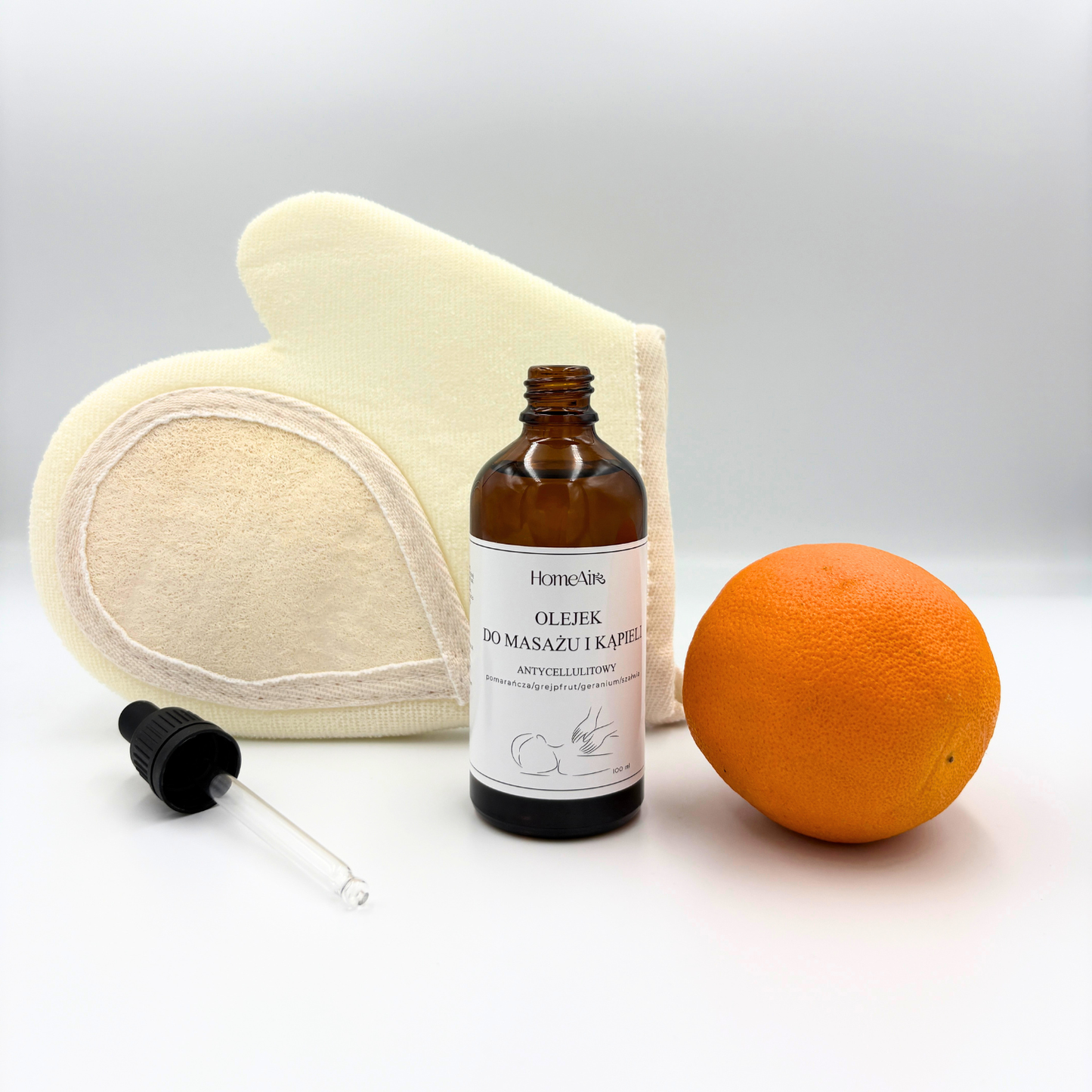 ZESTAW ANTYCELLULITOWY | Olejek Do Masażu i Naturalna Rękawica